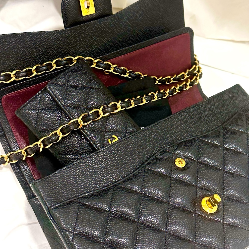 CHANEL Classic Medium Double Flap in Black Caviar and Gold HWR GHW with wallet